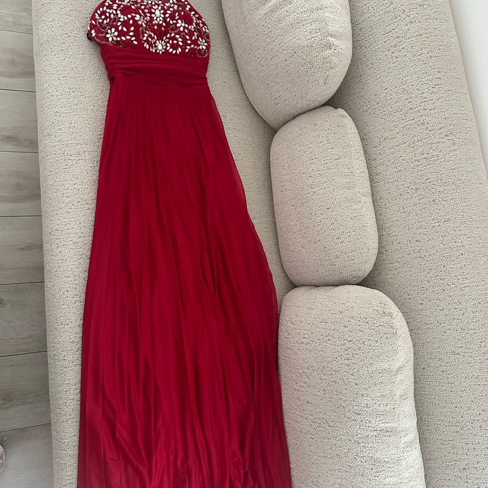 Elegant Red Gown with Beaded Bodice